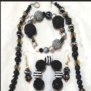 Vtg Obsidian Onyx Swarovskis Lava Stone jewelry SET Handmade  4pc FIRM$